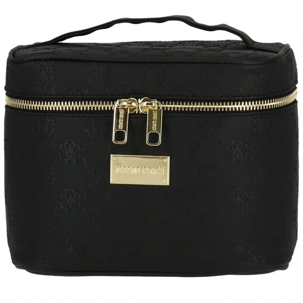 NEW Roberto Cavalli Black Embossed Monogram Cosmetic Bag Train Case